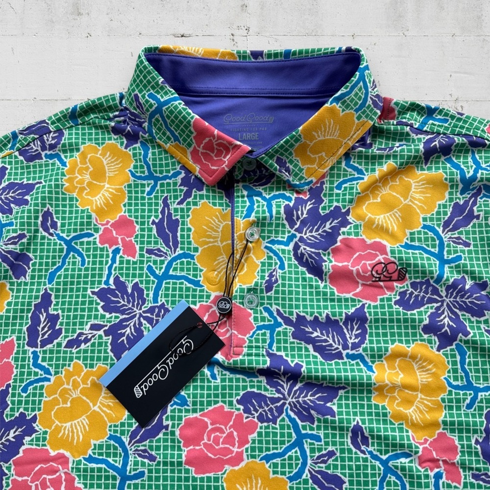 NWT Good Good Golf Polo Shirt Mens Sz L Wildflowers and Wedges Floral AOP